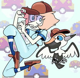 ambiguous_gender baseball_cap baseball_uniform beak belt black_body blue_eyes bottomwear clothed clothing duo feathers female feral footwear grin hair hat headgear headwear pants pokeball shirt shoes smile socks sportswear tail teeth toony topwear uniform wings discount-supervillain cartoon_network nintendo pokemon steven_universe pearl_(steven_universe) avian bird gem_(species) generation_7_pokemon human mammal pearl_(gem_species) pikipek pokemon_(species) digital_media_(artwork)