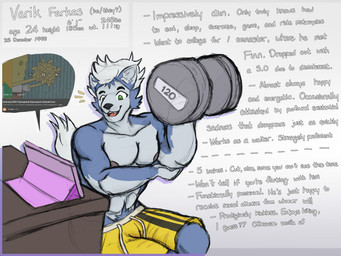 anthro blue_body blue_fur bottomwear character_bio clothing exercise fur male muscular muscular_male shirtless shorts solo text weightlifting workout teagandraws youtube varik_farkas canid canine canis mammal wolf 4:3 english_text hi_res model_sheet