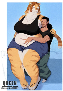 5_fingers abstract_background anthro belly belly_grab big_belly big_breasts black_clothing black_crop_top black_eyes black_hair black_shirt black_topwear bottomwear breasts brown_body brown_fur brown_hair brown_stripes clothing crop_top dark_body dark_skin denim denim_bottomwear denim_clothing denim_shorts duo ear_piercing ear_ring female female_anthro female_on_human fingers flip_flops fluffy fluffy_tail footwear fur hair huge_breasts huge_hips huge_thighs human_on_anthro interspecies long_hair long_tail male male/female male_human male_on_anthro multicolored_body multicolored_fur navel neck_tuft on_lap orange_eyes overweight overweight_anthro overweight_female piercing ring_piercing sandals shirt shoes shorts sitting_on_lap size_difference smile striped_body striped_fur stripes stubble tail text thick_thighs topwear tuft whiskers wide_hipped_anthro wide_hipped_female wide_hips yellow_body yellow_fur espectro111222 jomari_(tallordeer) tylann_vanderbilt_(tallordeer) felid human mammal pantherine tiger 2025 artist_name digital_drawing_(artwork) digital_media_(artwork) hi_res watermark