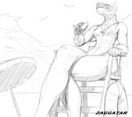 anthro baseball_cap beach binoculars clothing crossed_legs female hat headgear headwear lifeguard lifeguard_chair one-piece_swimsuit seaside sitting solo squish swimwear thick_thighs thigh_squish whistle_(object) zaggatar canid canine canis dobermann domestic_dog mammal pinscher 2022 monochrome sketch