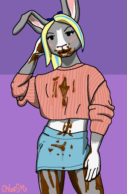 accessory anthro blonde_hair blue_bottomwear blue_clothing blue_hair blue_hair_bow blue_shorts blush bottomwear bow_ribbon clothed clothed_anthro clothed_female clothing feces feces_in_mouth feces_on_body feces_on_chest feces_on_clothing feces_on_face feces_on_hand feces_on_leg female female_anthro fur grey_body grey_fur hair hair_accessory hair_bow hair_ribbon long_ears looking_at_viewer open_mouth open_smile pink_clothing pink_shirt pink_topwear pose purple_background ribbons scatplay shirt shorts simple_background smile solo topwear white_body white_fur snickle chloe_(snickle) lagomorph leporid mammal rabbit signature
