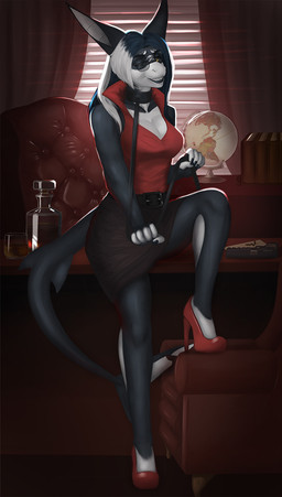 5_fingers alcohol anthro belt belt_buckle beverage biped black_body black_skin book bottomwear breasts buckle chair cleavage clothed clothing collar curtains eyebrows eyewear female fin fingernails fingers footwear furgonomics furniture glass globe gun hair handgun high_heels inside leash looking_at_viewer multicolored_hair nails non-mammal_breasts one_eye_closed pumps ranged_weapon red_clothing red_footwear red_high_heels shoes skirt smile solo sunglasses table tail tail_fin tail_through_skirt teeth weapon wide_hips wink smallcoffemaniac alyanah aquatic fish shark 2017 hi_res