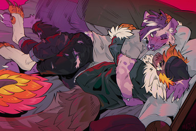 anthro bed biped black_sclera blush bottomwear clothing collar cuddling duo eye_contact facial_piercing fur furniture green_eyes hair hand_on_head jacket looking_at_another lying male male/male multicolored_body multicolored_fur nose_piercing nose_ring on_bed on_side orange_body orange_hair pants piercing ring_piercing spiked_collar spikes tail tail_motion tailwag tan_body tan_fur topwear whiskers white_body white_fur yellow_eyes majmajor canid canine furred_scalie mammal scalie 2025 digital_media_(artwork) hi_res