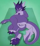 4_toes anthro anus areola biped breasts butt claws feet female genitals green_background hair horn lying nipples non-mammal_breasts non-mammal_nipples nude on_side pawpads purple_anus purple_body purple_eyes purple_horn purple_nipples purple_pawpads purple_scales pussy scales simple_background solo tail toe_claws toes carifoxleopard mythology shazla aquatic_dragon dragon marine mythological_creature mythological_scalie scalie 2016