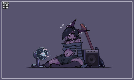 alternative_fashion amplifier anthro bass_guitar black_bottomwear black_clothing black_hair black_shorts blinking bodily_fluids border bottomwear clothing ear_piercing ear_ring eyebrow_piercing facial_piercing fan_(object) female fur grey_eyes guitar hair heat_(temperature) musical_instrument navel navel_piercing pattern_clothing pattern_shirt pattern_topwear piercing plucked_string_instrument punk purple_background purple_body purple_fur ring_piercing shirt shorts shoulderless_shirt simple_background sitting sitting_on_ground solo spots string_instrument striped_clothing striped_shirt striped_topwear stripes sweat topwear ventilator white_border pixel_headache felid feline lynx mammal 2023 2d_animation 5:3 animated colored digital_media_(artwork) loop motion_tweening pixel_(artwork) pixel_animation short_playtime signature