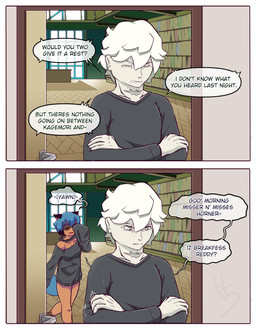 2_panel_comic annoyed anthro blue_hair breasts brown_body clothed clothing collar crossed_arms dialogue door doorway duo female grey_eyes hair inside male male/female medium_breasts name_drop neck_scar oblivious offscreen_character open_door open_mouth oversized_clothing pale_skin shirt shocked speech_bubble talking_to_another text tired topwear waking_up walking wearing_another_person's_clothing white_hair wide_eyed yawn high5art brand_new_animal studio_trigger michiru_kagemori shirou_ogami canid canine human mammal raccoon_dog tanuki 2025 absurd_res comic digital_drawing_(artwork) digital_media_(artwork) english_text hi_res signature