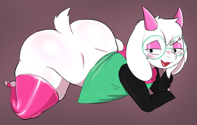 anthro big_butt blush bottom_heavy butt clothed clothed_anthro clothed_male clothing eyewear femboy fur glasses huge_butt legwear looking_at_viewer male male_anthro shortstack shortstack_male solo thick_thighs white_body white_fur wide_hips kingofacesx deltarune undertale_(series) ralsei bovid caprine goat mammal 2025 digital_media_(artwork) hi_res