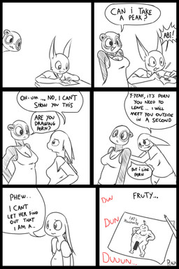 anthro breasts drawing_(action) drawing_(object) drawing_in_a_drawing duo female food fruit humor pear plant silly_bad_joke text triplepistacho bear giant_panda hare lagomorph leporid mammal rabbit 2:3 absurd_res comic english_text hi_res monochrome