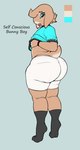 anthro big_butt bottomwear buckteeth butt clothed clothing clothing_lift curvy_figure femboy floppy_ears footwear furgonomics head_tuft huge_butt looking_back male open_mouth pose presenting presenting_hindquarters shirt shirt_lift short_tail shorts slightly_chubby socks solo standing tail tan_body teapot_(body_type) teeth text thick_thighs tight_bottomwear tight_clothing tight_fit tight_shorts topwear tuft voluptuous conditional_dnp daserfomalhaut lagomorph leporid mammal rabbit english_text