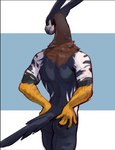 anthro biped black_body black_fur blue_background brown_body brown_fur butt claws feathers finger_claws fur hand_on_butt long_neck looking_back male multicolored_body multicolored_fur simple_background solo tail tail_feathers white_background white_body white_fur yellow_eyes skully mythology skully_(skully) avian gryphon mythological_avian mythological_creature 2022 digital_media_(artwork)