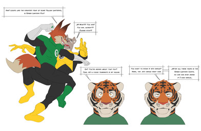 anthro bodysuit clothing dialogue fight gloves group handwear male punch skinsuit spandex speech_bubble text tight_clothing white_clothing white_gloves white_handwear yellow_clothing yellow_gloves yellow_handwear yellow_lantern cxcxxcxxxx green_lantern green_lantern_(series) canid canine canis domestic_dog felid fox mammal pantherine tiger 2026 absurd_res english_text hi_res