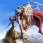 ambiguous_gender cape clothing day fusion holding_object holding_weapon lance melee_weapon outside polearm rock shield sky solo speedpaint step_pose symbol weapon zero_unit yoshiomi bandai_namco digimon digimon_(species) gallantmon 1:1