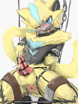 anthro anus balls biped blue_body blue_eyes blush bodily_fluids bound chain chained chastity_cage chastity_device crouching cum ejaculation erection genital_fluids genitals heart_eyes heart_symbol male open_mouth penis solo tongue tongue_out yellow_body megusuri nintendo pokemon generation_7_pokemon legendary_pokemon pokemon_(species) zeraora hi_res