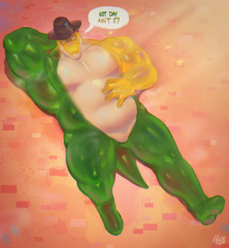 anthro asymmetrical_coloring belly candy clothing cowboy_hat dessert featureless_crotch featureless_feet feet food gummy_(food) hat hat_only headgear headgear_only headwear headwear_only humanoid_feet humanoid_heel male mostly_nude musclegut muscular null pecs plantigrade solo text translucent translucent_body huzzhuz glitch_productions the_amazing_digital_circus gummigoo_(tadc) animate_inanimate crocodile crocodilian reptile scalie english_text hi_res