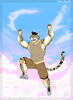 anthro athletic_wear black_hair bottomwear brown_eyes claws clothed clothing cloud cloudy_sky ears_up felide footwear fur gradient_background gym_bottomwear gym_shorts hair jumping long_tail male muscular muscular_anthro muscular_male orange_body orange_fur shoes shorts simple_background sky skyscape sneakers solo striped_body striped_fur stripes sweater sweater_vest tail teeth topwear vest white_body white_fur kmka felid mammal pantherine tiger absurd_res hi_res