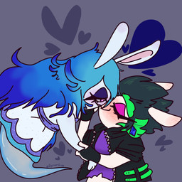 4_fingers amethyst_(gem) anthro bangs black_clothing black_gloves black_hair black_handwear black_jacket black_topwear blue_clothing blue_dress blue_eyelids blue_eyes blue_hair blue_tail blush blush_lines blushing_profusely brown_background clothed clothed_anthro clothed_female clothing dress duo ear_piercing eye_contact eyebrows eyelashes eyes_closed fangs female female/female female_anthro fingers flying fur gem gloves green_eyebrows green_hair grey_background hair half-closed_eyes hand_on_face handwear hearts_around_body holding_tail jacket kiss_on_lips kissing legless light long_ears long_eyelashes long_hair looking_at_another multicolored_hair narrowed_eyes no_eyebrows noseless piercing pink_inner_ear purple_clothing purple_dress purple_ear_piercing purple_eyelids purple_eyes purple_shirt purple_topwear shirt short_hair simple_background smile smiling_at_another smiling_at_partner spiky_hair standing tail tan_inner_ear teeth text thick_eyebrows topwear torn_clothing torn_shirt torn_topwear translucent translucent_body two_tone_hair white_body white_fur flyinurfries mario_plus_rabbids_sparks_of_hope nintendo raving_rabbids rayman_(series) ubisoft edge_(mario_plus_rabbids) midnite_(mario_plus_rabbids) ghost hybrid lagomorph mammal rabbid spirit 1:1 2022 artist_name colored digital_drawing_(artwork) digital_media_(artwork) english_description hi_res lighting shaded