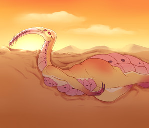 anthro arthropod_abdomen beak buried buried_in_sand claws countershading desert female long_beak long_claws long_neck multi_eye nude pink_beak pink_body pink_eyes pink_scales sand scales sharp_teeth side_view solo sunset swimming teeth thick_thighs underground ventral_scales yellow_body anonymous_artist ladybird_(legion_beast) sand_heron digital_media_(artwork) hi_res orange_theme portrait three-quarter_portrait warm_colors yellow_theme