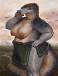 anthro areola belt big_breasts bottomwear breasts claws clothed clothing female grey_body landscape_background loincloth markings nipples outside partially_clothed red_markings solo tail topless yellow_eyes dyna_soar dinosaur metriacanthosaurid prehistoric_species reptile scalie theropod yangchuanosaurus 2024 absurd_res digital_media_(artwork) digital_painting_(artwork) hi_res signature