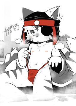 4_fingers anthro asian_clothing ball_slip balls biped black_clothing black_headwear black_nose blush blush_lines blushing_at_viewer bodily_fluids bulge cheek_markings cheek_tuft chest_tuft claws clothed clothed_anthro clothed_male clothing clothing_pull cute_fangs east_asian_clothing eye_patch eyewear facial_markings facial_tuft fangs finger_claws fingers forehead_markings front_view fundoshi fundoshi_pull fur fur_tuft furgonomic_headwear furgonomics genitals head_markings headgear headwear hot_spring inner_ear_fluff iris japanese_clothing kemono leg_markings legs_in_water long_tail looking_at_viewer male male_anthro markings monotone_clothing monotone_fundoshi monotone_underwear mouth_closed multicolored_clothing multicolored_headwear navel nipples one_eye_obstructed one_fang outside pink_nipples pose pupils red_clothing red_fundoshi red_headwear red_underwear shota sitting slim slim_anthro slim_male slit_pupils snaggle_tooth solo striped_markings striped_tail stripes sweat tail tail_markings teeth text thigh_markings tuft two_tone_clothing two_tone_headwear underwear underwear_pull water young young_anthro young_male eisuke_art bemani konami pop'n_music kagetora_(pop'n_music) felid mammal pantherine tiger hi_res japanese_text pinup portrait spot_color three-quarter_portrait