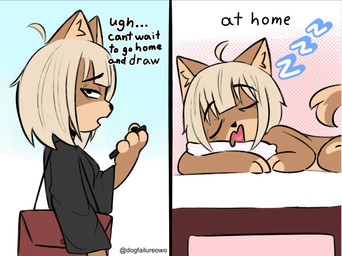 anthro bed before_and_after clothed clothing dotted_background female furniture nude on_bed pattern_background purse simple_background sleeping solo sound_effects text vowelless vowelless_sound_effect zzz dogfailureowo hana_(dogfailureowo) canid canine canis domestic_dog mammal english_text hi_res