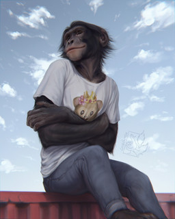 black_body black_fur blue_bottomwear blue_clothing blue_pants blue_sky bottomwear brown_eyes clothing cloud crossed_arms dark_eyes denim denim_bottomwear denim_clothing front_view fur glistening glistening_eyes jeans lips logo male outside pants shirt sitting sky solo t-shirt tan_lips topwear white_clothing white_shirt white_t-shirt white_topwear lostgoose haplorhine mammal monkey primate 2021 4:5 artist_logo dated hi_res