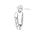 anthro bottomless clothed clothing dialogue looking_down male sad self-conscious shirt shirt_only shy solo text topwear topwear_only hladilnik daniel_(hladilnik) canid canine canis mammal wolf 2023 english_text hi_res monochrome sketch