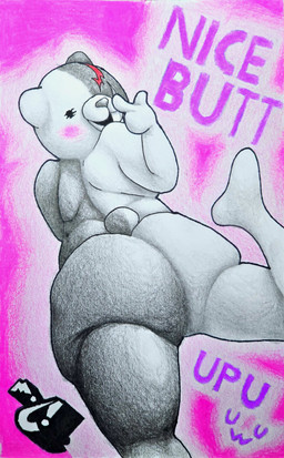 anthro blush butt looking_at_viewer looking_back male overweight overweight_male slightly_chubby slightly_chubby_male solo text uwu marthan_crowl_(artist) danganronpa spike_chunsoft monokuma bear demon mammal absurd_res hi_res
