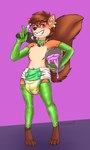 anthro bodily_fluids buckteeth clothed clothing collar diaper diaper_use genital_fluids gloves grin handwear latex looking_at_viewer male peeing slime smile solo sparkles teeth urine wearing_diaper wetting omopaws mammal rodent sciurid tree_squirrel hi_res