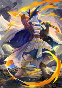 anthro fire light melee_weapon paladin palm_tree plant raining solo sword tail tree weapon plive mythology smite teryx teryx_commodore dragon mythological_creature mythological_scalie scalie hi_res