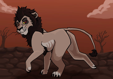 cloud desert emaciated emaciated_feral feral male mane outside paws plant quadruped side_view solo tree walking lauranuub disney the_lion_king nuka_(the_lion_king) felid lion mammal pantherine hi_res