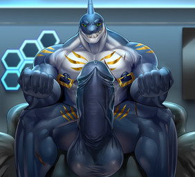anthro areola arm_markings balls barazoku big_balls big_penis black_sclera blue_areola blue_body blue_nipples blue_scales chair chest_markings chest_scar fin fin_scar furniture genitals golden_markings green_eyes grin head_fin huge_balls huge_penis inside leg_markings leg_scar male markings multicolored_body multicolored_scales nipple_piercing nipple_ring nipples nude on_chair penis piercing ring_piercing scales scar shoulder_markings shoulder_scar sitting sitting_on_chair smile solo thigh_markings two_tone_body two_tone_scales vein veiny_penis white_body white_scales sft alvintanubis dylan_(alvintanubis) fish marine shark 2025 hi_res