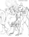 anthro arania balls big_balls bodily_fluids breasts butt claws deer drooling edwin_(arania) english_text fellatio female female/female fluffy fluffy_tail fur genitals greyscale group group_sex hair handstand hi_res hooves huxley_(arania) male male/female mammal mephitid monochrome oral penile penis rodent roger_(arania) saliva sciurid sex skunk spotted_skunk tail tail_grab text threesome tree_squirrel trio whiskers