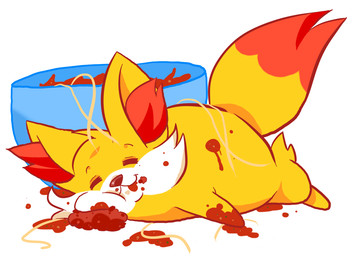 :3 ambiguous_feral ambiguous_gender black_nose bowl cheek_bulge cheek_tuft closed_smile container digitigrade dipstick_tail eyebrows eyes_closed facial_tuft feral food food_on_face fur hip_tuft inner_ear_fluff lying markings misleading_thumbnail mouth_closed multicolored_body multicolored_fur on_front orange_body orange_fur orange_inner_ear_fluff orange_tail_tip pasta pointy_ears prick_ears quadruped side_view simple_background smile solo spaghetti tail tail_markings tomato_sauce tuft two_tone_tail white_background white_body white_fur yellow_body yellow_fur yellow_tail 4chan_anon nintendo pokemon canid fennekin generation_6_pokemon mammal pokemon_(species) 2015 cel_shading colored digital_drawing_(artwork) digital_media_(artwork) full-length_portrait portrait shaded
