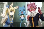 alternate_species anthro black_bars blonde_hair blue_body blue_fur breasts clothed clothing female fully_clothed fur furrification group hair long_tail looking_at_viewer pink_hair smile tail incredibleediblecalico fairy_tail mythology happy_(fairy_tail) lucy_heartfilia natsu_dragneel domestic_cat dragon exceed felid feline felis lagomorph leporid mammal mythological_creature mythological_scalie rabbit scalie letterbox