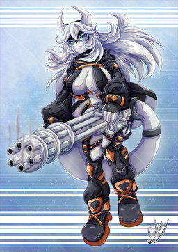 accessory anthro big_breasts black_clothing blue_eyes boots bottomwear breasts clothing female footwear furgonomics gatling_gun gun gun_smoke hair horn long_hair long_sleeves machine_gun minigun mostly_clothed_anthro non-mammal_breasts pockets ranged_weapon shoes smoke smoking_gun solo tail tail_accessory tail_gun tailband thick_tail topwear weapon weapon_tail white_body white_hair yukariasano weiss_(bonjolasermaster) lizard reptile scalie hi_res
