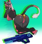 anthro anus areola bedroom_eyes big_breasts black_body black_fur black_highlights breasts butt choker clothed clothing clothing_aside curved_horn fangs female fur genitals hair half-closed_eyes highlights_(coloring) horn humanoid_genitalia humanoid_pussy inviting jewelry laser_gun looking_at_viewer looking_back looking_back_at_viewer narrowed_eyes necklace one_eye_closed open_mouth open_smile panties panties_aside panties_only pawpads paws pink_pawpads presenting presenting_anus presenting_hindquarters presenting_pussy puffy_areola pussy ranged_weapon red_areola red_body red_fur seductive smile solo tail tail_tuft teeth three-quarter_view tongue tongue_out topless topless_anthro topless_female tuft underwear underwear_aside underwear_only weapon white_hair wink y_anus riru-ku shi_(oolongmatchatea) demon domestic_cat felid feline felis mammal hi_res