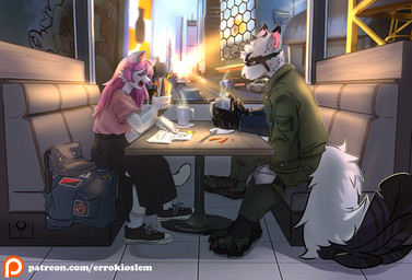 anthro armor bottomwear cafe city city_background clothing duo_focus eyewear feathers female glasses group hair holding_object jacket looking_down male pink_hair skirt tail tail_feathers topwear yellow_eyes errokioslem canid canine domestic_cat felid feline felis fox hybrid mammal