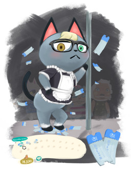 anthro blonde_hair blush clothed clothing crossdressing eyewear fur glasses grey_body grey_fur hair heterochromia maid_uniform male pole solo stripper_pole ticket uniform tsuruki animal_crossing nintendo fang_(animal_crossing) lionel_(animal_crossing) raymond_(animal_crossing) rodney_(animal_crossing) domestic_cat felid feline felis mammal hi_res
