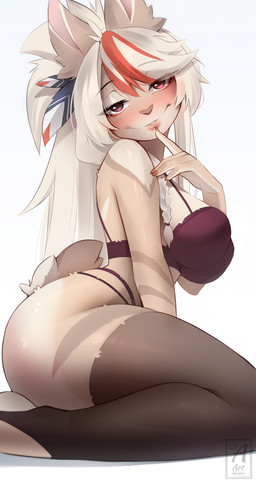 anthro biped bra breasts butt claws clothed clothed_anthro clothed_female clothing female fingers fur hair legwear looking_at_viewer pantsless pantsless_anthro pantsless_female partially_clothed partially_clothed_anthro partially_clothed_female simple_background smile solo tail thick_thighs thigh_highs underwear art-abaddon lagomorph leporid mammal rabbit 2026 digital_drawing_(artwork) digital_media_(artwork) hi_res