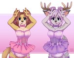 ageplay anthro antlers blue_eyes bottomwear brown_antlers brown_hair clothed clothing dancewear diaper duo female front_view fur glistening glistening_eyes grey_body grey_fur hair horn infantilism looking_at_viewer pink_tutu purple_hair purple_tutu roleplay skirt standing tan_body tan_fur tongue tongue_out tutu wearing_diaper riddlr caitlyn_doebele rachael_(rachaelsoftpaw) deer felid lion mammal pantherine hi_res