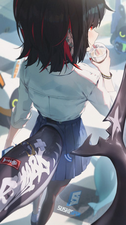 band-aid bandage black_clothing black_hair black_legwear black_pantyhose blue_bottomwear blue_clothing blue_skirt blush bottomwear bracelet cellphone clothing collared_shirt colored_nails container cup disposable_cup dress_shirt ear_piercing ear_ring electronics female hair jewelry legwear markings multicolored_hair nails pantyhose phone piercing rear_view red_eyes red_hair red_nails ring_piercing scar shark_tail shirt short_hair skirt tail tail_markings tail_scar topwear two_tone_hair sushispin mihoyo zenless_zone_zero ellen_joe animal_humanoid aquatic aquatic_humanoid bangboo fish fish_humanoid humanoid shark_humanoid thiren 4k 9:16 absurd_res hi_res