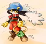 anthro clothing collar footwear fur gloves handwear hat headgear headwear long_ears male shoes simple_background solo j-fujita bandai_namco klonoa_(series) klonoa domestic_cat felid feline felis mammal 2017 traditional_media_(artwork)