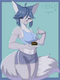 5_fingers anthro biped blue_eyes blue_hair bottomwear breasts cake claws clothed clothed_anthro clothed_female clothing countershade_fur countershade_torso countershading cutlery dessert female finger_claws fingers food fork front_view fully_clothed fully_clothed_anthro fully_clothed_female fur grey_body grey_fur grey_tail hair holding_fork holding_object holding_plate inner_ear_fluff kitchen_utensils looking_at_viewer navel plate simple_background smile solo standing tail tools topwear tuft coel_(artist) canid canine fox mammal 2025 digital_media_(artwork) hi_res
