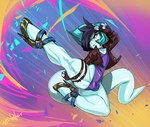 abstract_background anthro balls_outline blue_body bulge butt clothed clothing detailed_bulge erection erection_under_clothing femboy flying_kick footwear genital_outline high_heels kick male midair penis_outline plantigrade red_eyes shoes solo thick_thighs bleats absurd_res digital_drawing_(artwork) digital_media_(artwork) hi_res