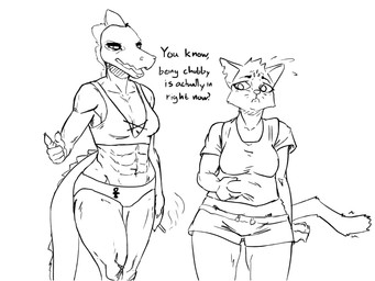 abs anthro athletic belly belly_grab breasts cigarette cigarette_smoke clothing duo female holding_belly holding_cigarette holding_object muscular muscular_female navel slightly_chubby slightly_chubby_anthro slightly_chubby_female smoke smoking smoking_cigarette stocky tail text underwear mainlinemojo night_in_the_woods bea_santello mae_borowski alligator alligatorid crocodile crocodilian domestic_cat felid feline felis mammal reptile scalie 2017 4:3 black_and_white english_text hi_res monochrome