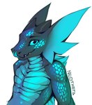 anthro black_body blue_body blue_eyes glowing glowing_body glowing_scales looking_at_viewer male scales simple_background smile solo tongue white_background neotheta mythology theo_(neotheta) dragon mythological_creature mythological_scalie scalie 2021 digital_media_(artwork)