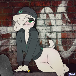 anthro black_ears bottomless breasts brick_wall cleavage clothed clothing digit_ring eyelashes featureless_crotch female fur green_eyes hair half-closed_eyes headgear headwear horizontal_pupils jewelry lying medium_breasts narrowed_eyes on_side pupils ring scut_tail short_tail skateboard solo tail topwear vehicle wall_(structure) wedding_ring white_body white_fur white_hair white_tail white_wool wide_hips wool_(fur) zatira bovid caprine domestic_sheep mammal sheep 1:1 2024 english_description hi_res signature