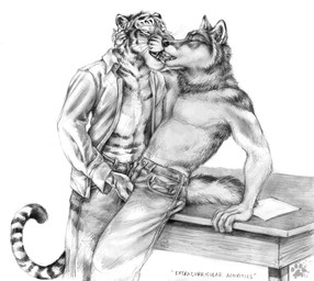blotch canine clothing feline gay grope jeans kissing male mammal open_shirt shirt tiger topless wolf
Rating: Questionable
Score: 3
User: Vinea
Date: April 18, 2014