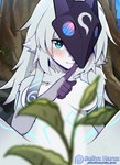 anthro blue_eyes blush breasts convenient_censorship female fur hair kemono looking_at_viewer mask outside plant shush solo tree white_body white_fur white_hair sollyz league_of_legends riot_games tencent kindred_(lol) lamb_(lol) bovid caprine mammal sheep 2023