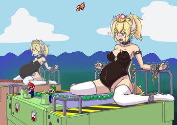 5_fingers armband belly big_belly blonde_hair blue_clothing blue_eyes blue_overalls blush bodily_fluids bound bracelet breasts chain chained clothed clothed_human clothed_male clothing collar cross-popping_vein crown ear_piercing eyebrows eyelashes female female_focus fingers fully_clothed fully_clothed_human fully_clothed_male genitals green_clothing green_hat green_headwear green_shirt green_topwear group hair hat headgear headwear horn humanoid_pointy_ears inflation jewelry legwear male open_mouth outside overalls penetration piercing pointy_ears ponytail red_clothing red_hat red_headwear red_shirt red_topwear shell shirt sitting spiked_armband spiked_bracelet spiked_collar spiked_shell spiked_tail spikes spikes_(anatomy) square_crossover standing super_crown sweat sweatdrop tail teeth thick_eyebrows thigh_highs topwear vaginal vaginal_penetration vein vulva colucolu bowsette_meme mario_bros mario_party_(series) mario_party_2 nintendo bowser luigi mario animal_humanoid human humanoid koopa_humanoid mammal scalie scalie_humanoid 2018 absurd_res colored digital_drawing_(artwork) digital_media_(artwork) hi_res meme brother_(lore) brothers_(lore) sibling_(lore) twins_(lore)